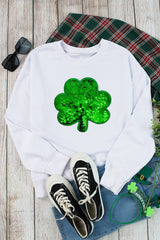 White Sequin Clover Embroidered Drop Shoulder Sweatshirt Graphic Sweatshirts JT's Designer Fashion