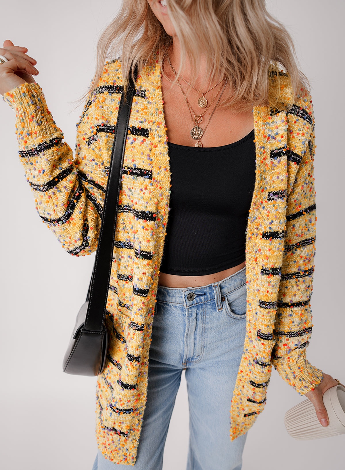 Beige Striped Pom Pom Knit Open Front Long Cardigan Cardigans JT's Designer Fashion