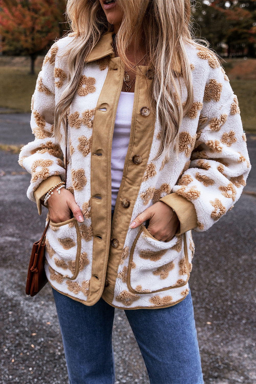Light French Beige Cute Flower Pattern Button Up Fleece Jacket Jackets JT's Designer Fashion