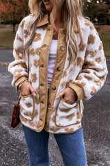 Light French Beige Cute Flower Pattern Button Up Fleece Jacket Jackets JT's Designer Fashion