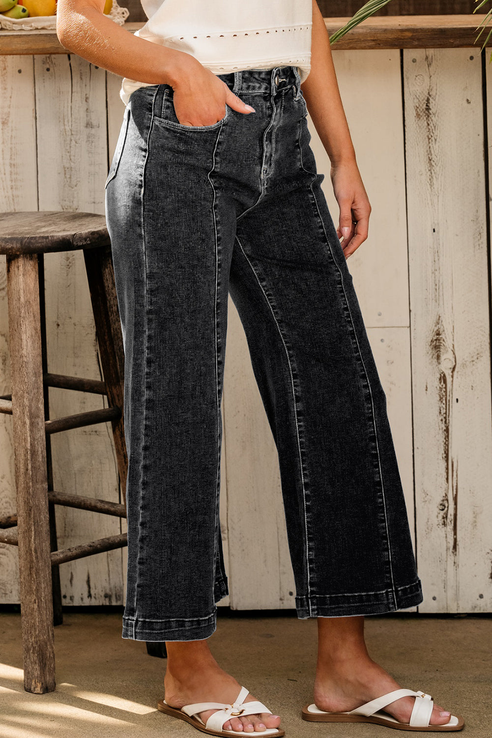 Black Plain Seam Detail Flared Bottom Ankle Length Jeans Jeans JT's Designer Fashion