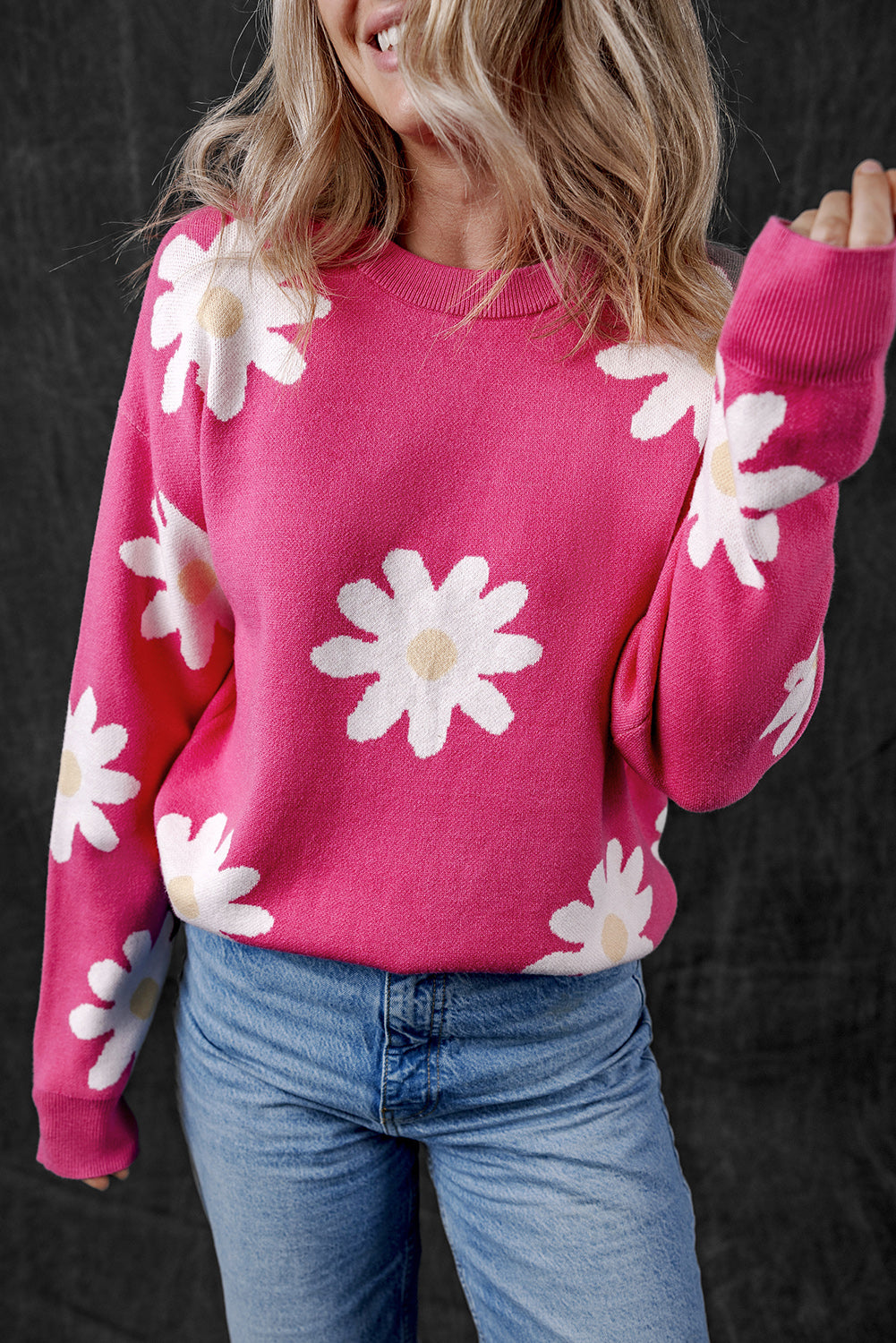 Bright Pink Daisy Flower Crew Neck Long Sleeve Sweater Sweaters JT's Designer Fashion