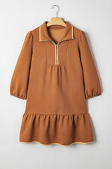 Desert Gold Quarter Zip Collar Bracelet Sleeve Textured Mini Dress Mini Dresses JT's Designer Fashion