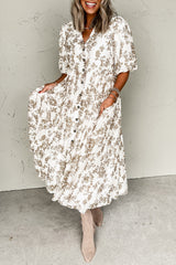 Khaki Floral Puff Sleeve V Neck Buttoned Front Long Dress Khaki 80%Viscose+20%Polyamide Maxi Dresses JT's Designer Fashion