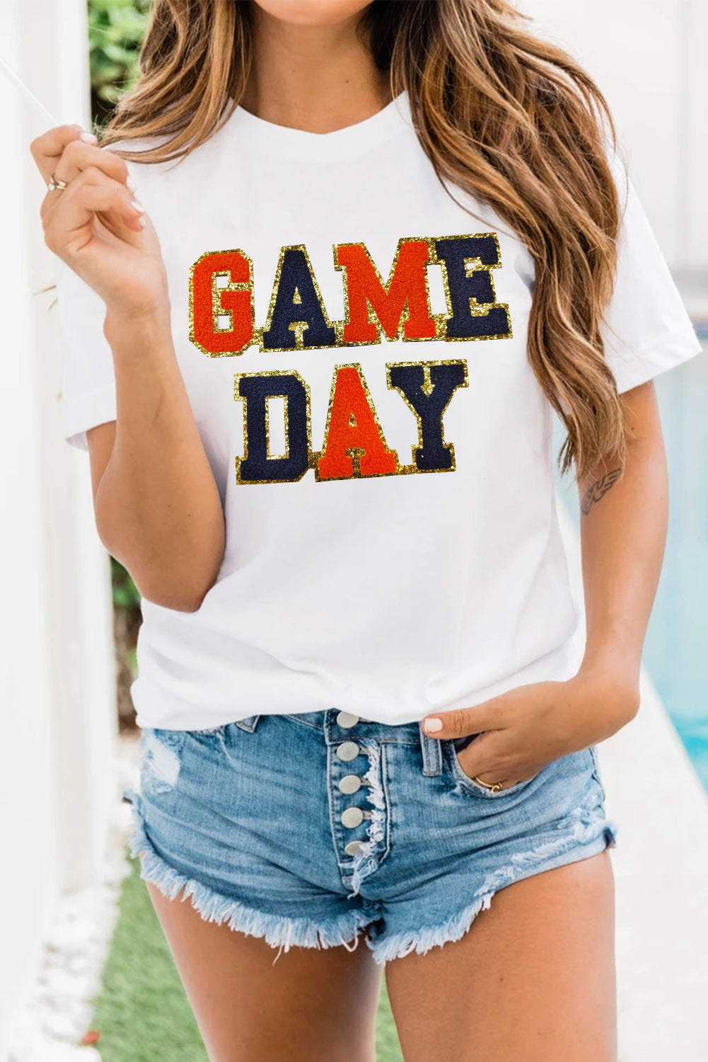 White Glitter GAME DAY Rugby Football Season Round Neck T Shirt Graphic Tees JT's Designer Fashion