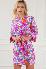 Purple Floral Keyhole Back Long Sleeve Belted Dress Floral Dresses JT's Designer Fashion
