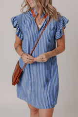 Sky Blue Stripe Frilly Split Neck Shirred Ruffle Sleeve Short Shift Dress Mini Dresses JT's Designer Fashion