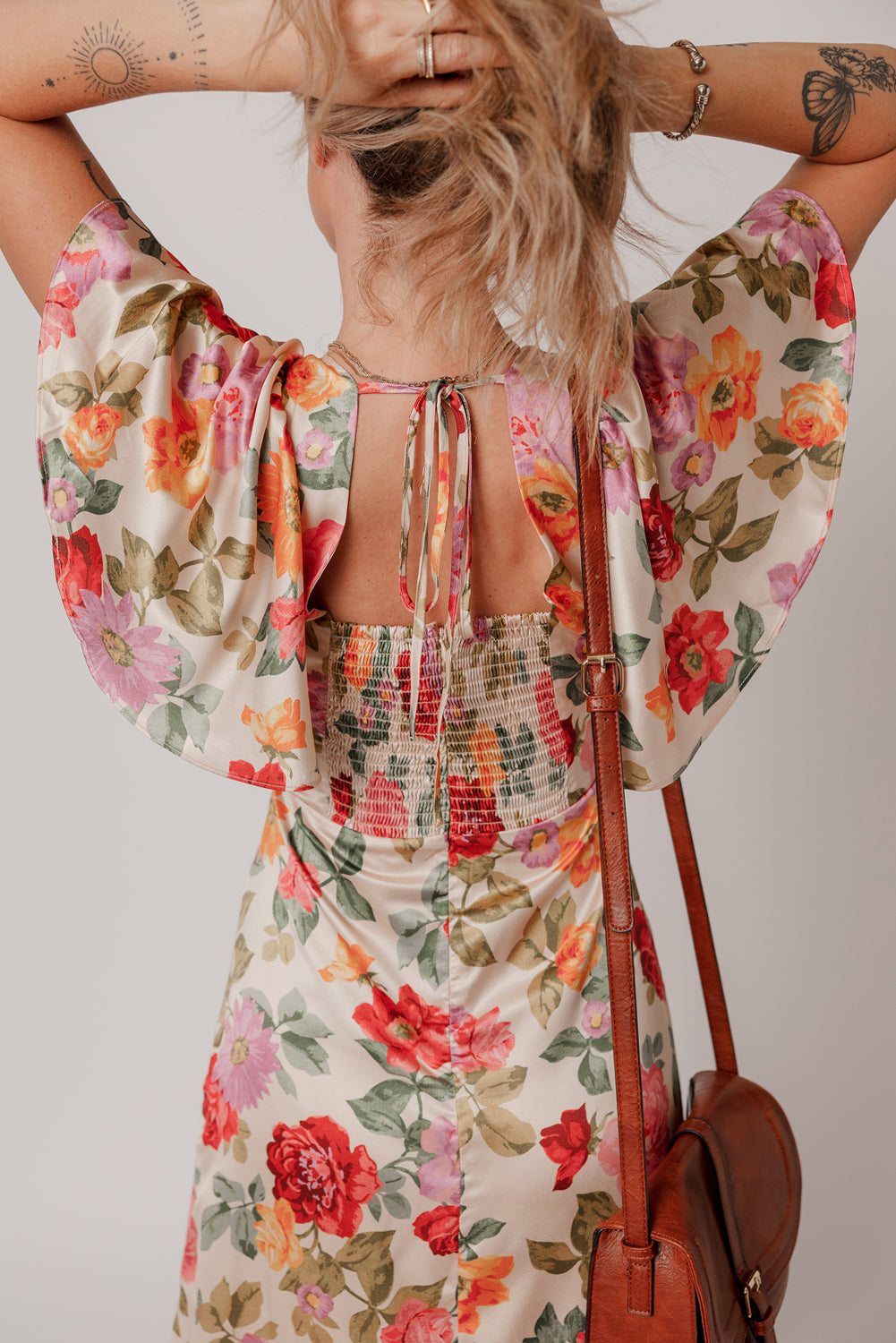 Multicolour Vintage Floral V Neck Short Sleeve Tie Back Long Slit Dress Floral Dresses JT's Designer Fashion
