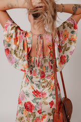 Multicolour Vintage Floral V Neck Short Sleeve Tie Back Long Slit Dress Floral Dresses JT's Designer Fashion