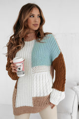 Khaki Mix Textured Knit Colorblock Patchwork Sweater Sweaters JT's Designer Fashion