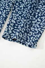 Blue Leopard Printed Drawstring Elastic Waistband Pocketed Wide Leg Jeans Jeans JT's Designer Fashion