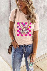 Pink Easter Rabbit Checkered Flower Print O-neck T Shirt Graphic Tees JT's Designer Fashion