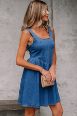 Sail Blue Square Neck Bowknot A-line Sleeveless Denim Dress JT's Designer Fashion