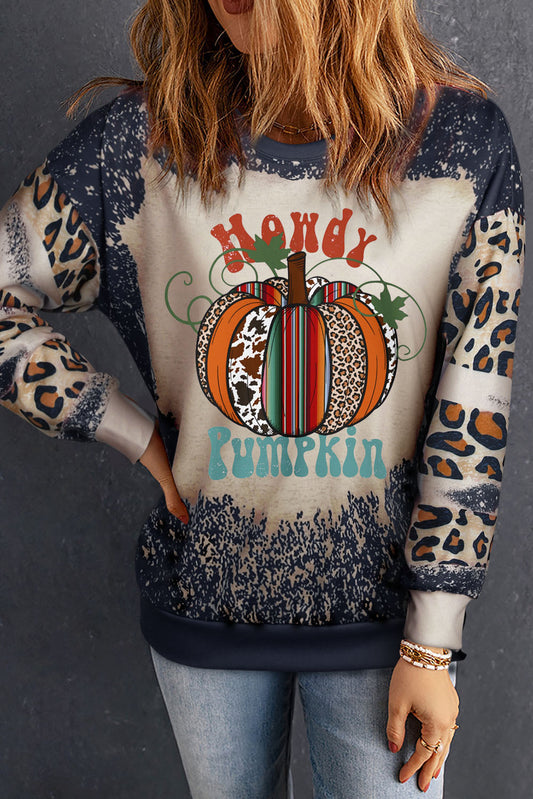 Black Leopard Pumpkin Bleached Halloween Graphic Sweatshirt Black 95%Polyester+5%Elastane Graphic Sweatshirts JT's Designer Fashion