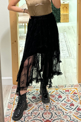 Black Lace Cascading Tiered High Waist Maxi Skirt Bottoms JT's Designer Fashion