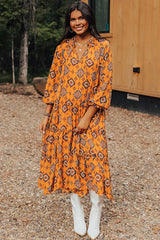 Orange Western Geometric Print Tiered Frilled Loose Fit Midi Dress Midi Dresses JT's Designer Fashion