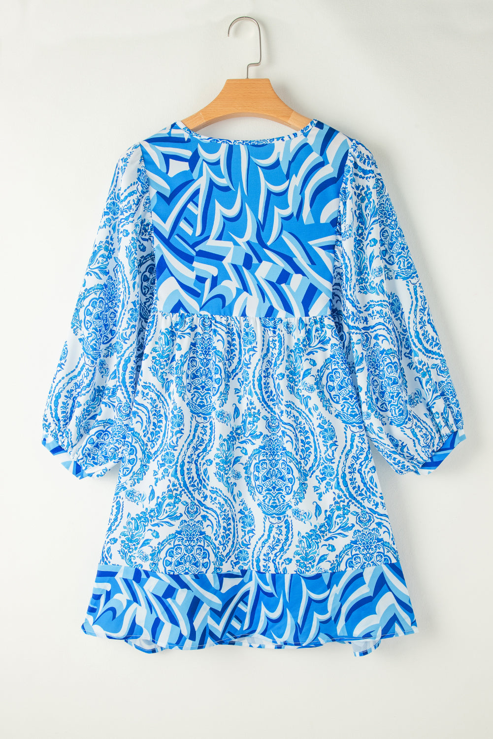 Sky Blue Bohemian Print Puff Sleeve Tied V Neck Flared Mini Dress Mini Dresses JT's Designer Fashion