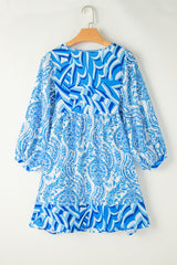 Sky Blue Bohemian Print Puff Sleeve Tied V Neck Flared Mini Dress Mini Dresses JT's Designer Fashion