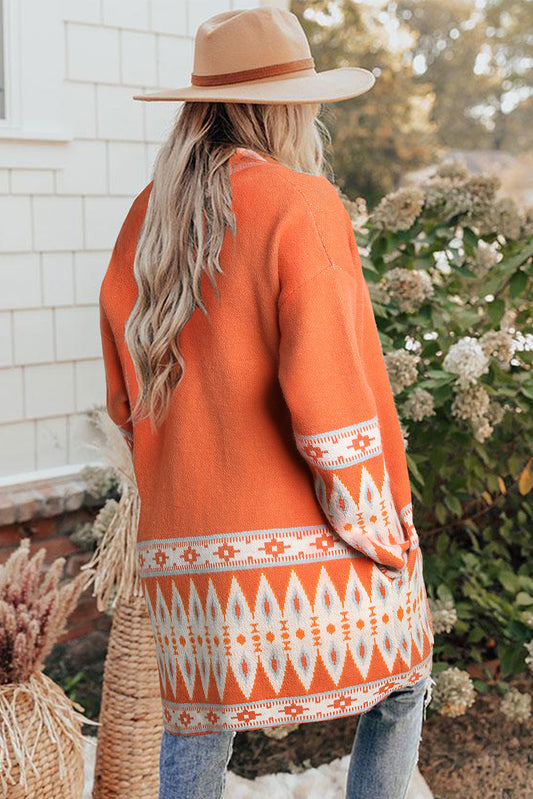 Orange Printed Aztec Print Open Front Knitted Cardigan Sweaters & Cardigans JT's Designer Fashion