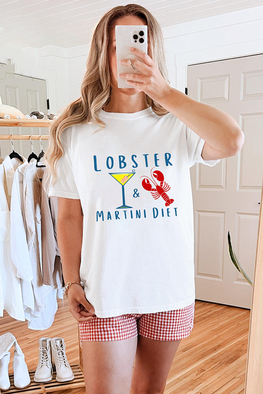 White LOBSTER MARTINI DIET Cocktail & Crawfish Print T Shirt Graphic Tees JT's Designer Fashion