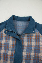 Gray Plaid Corduroy Patchwork Collared Zip Up Snap Button Jacket Plaid Shackets JT's Designer Fashion