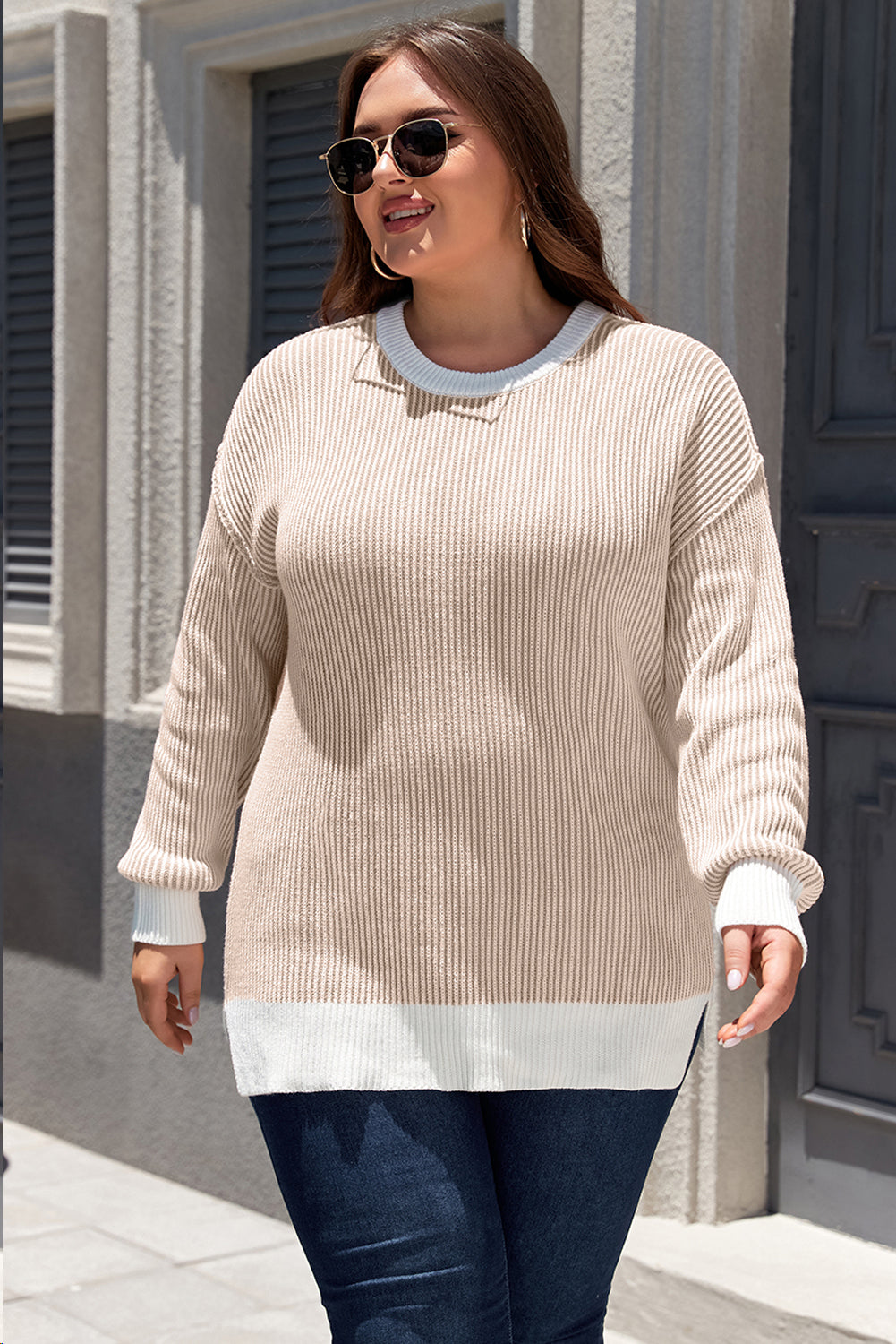 Brown Stripe Plus Size Contrast Trim Crew Neck Rib Knit Drop Shoulder Sweater Plus Size Sweaters & Cardigans JT's Designer Fashion