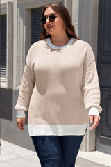 Brown Stripe Plus Size Contrast Trim Crew Neck Rib Knit Drop Shoulder Sweater Plus Size Sweaters & Cardigans JT's Designer Fashion