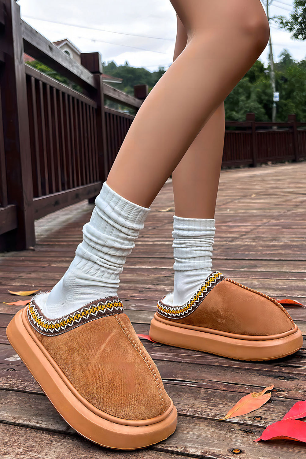 Chestnut Contrast Edge Suede Plush Lined Thick Sole Winter Slippers Slippers JT's Designer Fashion