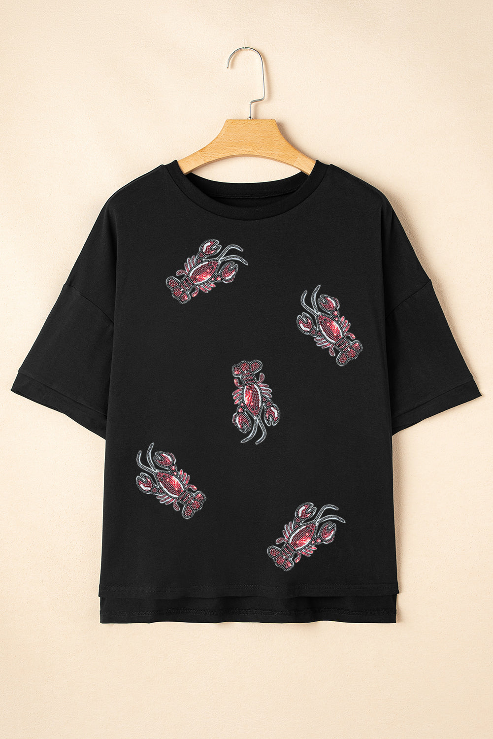 Black Sequin Crawfish Graphic High Low Loose T Shirt Graphic Tees JT's Designer Fashion