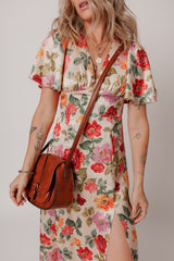 Multicolour Vintage Floral V Neck Short Sleeve Tie Back Long Slit Dress Floral Dresses JT's Designer Fashion