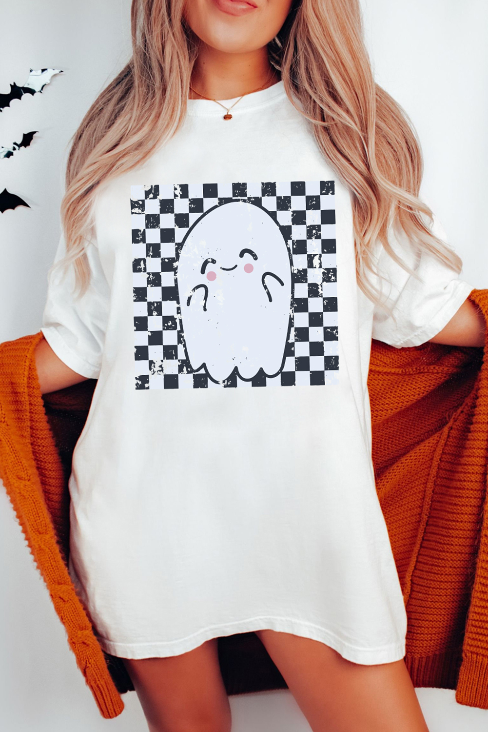 White Checkered Ghost Print Crew Neck Oversized T Shirt Graphic Tees JT's Designer Fashion