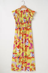 Yellow Cheetah Plant Print Shirred Button V Neck Long Dress Maxi Dresses JT's Designer Fashion