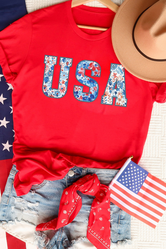 Red Floral USA Graphic Cuffed Sleeve Crew Neck Tee Graphic Tees JT's Designer Fashion