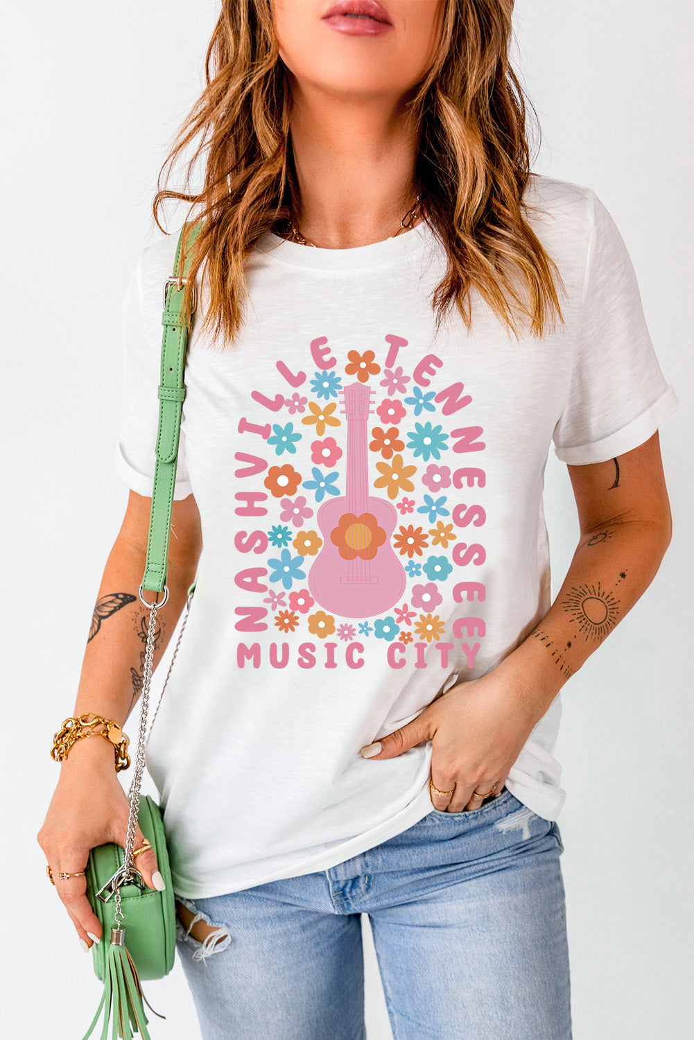White Floral Guitar NASHVILLE Slogan Graphic T Shirt Graphic Tees JT's Designer Fashion