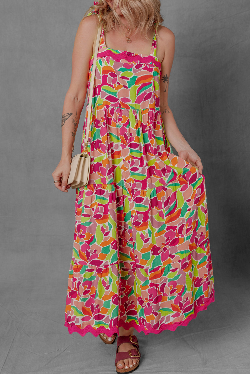 Multicolour Floral Tied Straps Ricrac Trim Long Dress Multicolour 100%Viscose Maxi Dresses JT's Designer Fashion