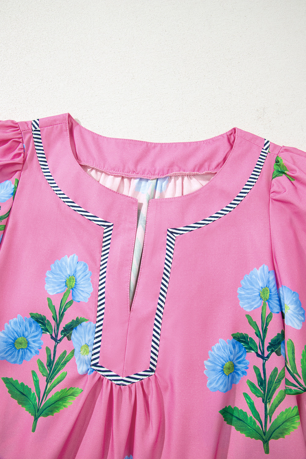 Rose Floral Short Sleeve Split Neck Loose Mini Dress Floral Dresses JT's Designer Fashion