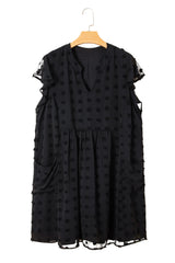 Black Dotty Textured Notched Neck Plus Ruffled Dress Plus Size Mini Dresses JT's Designer Fashion