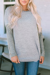 Gray Exposed Seam Patchwork Long Sleeve Top Long Sleeve Tops JT's Designer Fashion