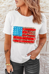 White Leopard Insert American Flag Pattern Cotton Blend T Shirt Graphic Tees JT's Designer Fashion