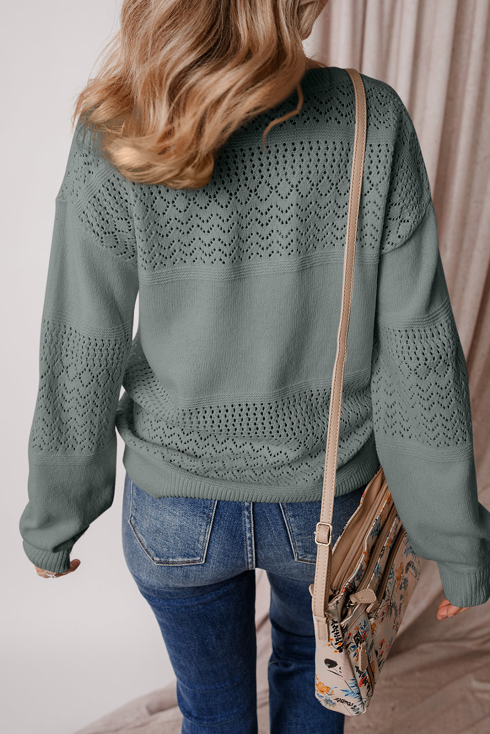 Mist Green Eyelet Pattern Detail V Neck Drop Shoulder Sweater Sweaters JT's Designer Fashion