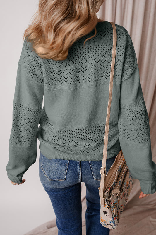 Mist Green Eyelet Pattern Detail V Neck Drop Shoulder Sweater Sweaters JT's Designer Fashion