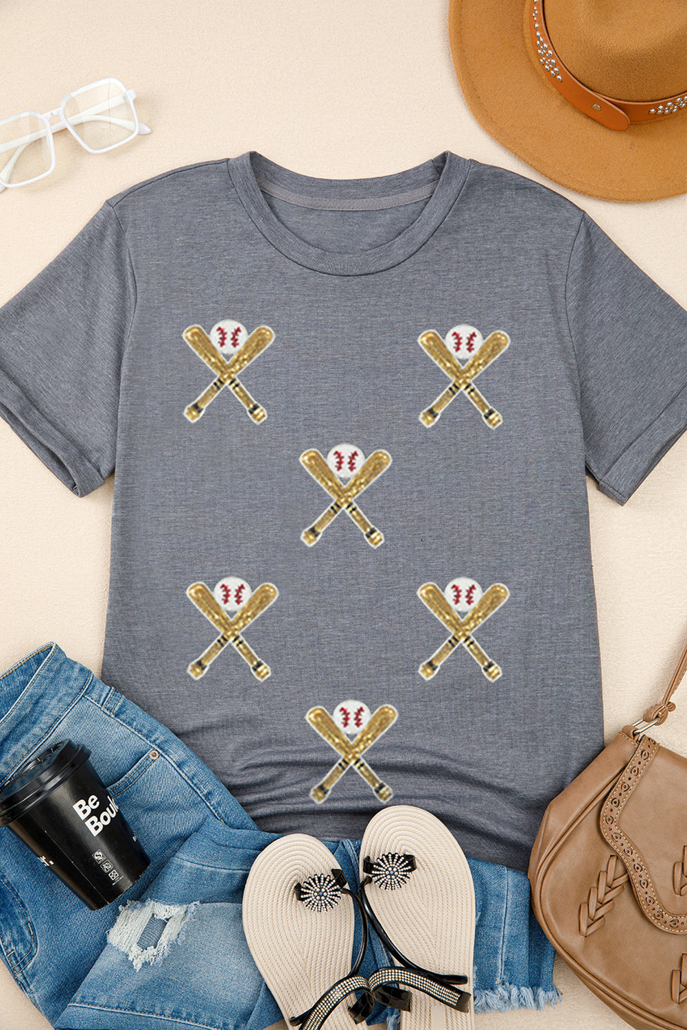 Gray Sequined Game Day Casual Tee Graphic Tees JT's Designer Fashion