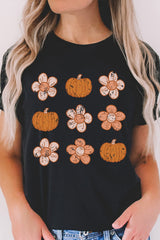 Black Pumpkin Flower Print Short Sleeve Graphic Top Graphic Tees JT's Designer Fashion