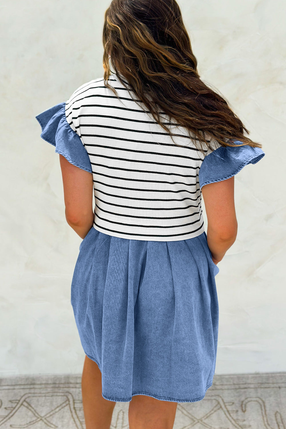 Black Stripe Ruffle Denim Patchwork Round Neck Mini Dress Mini Dresses JT's Designer Fashion
