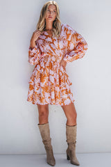 Brown Floral Puff Sleeve Smocked Waist Layered Dress Floral Dresses JT's Designer Fashion