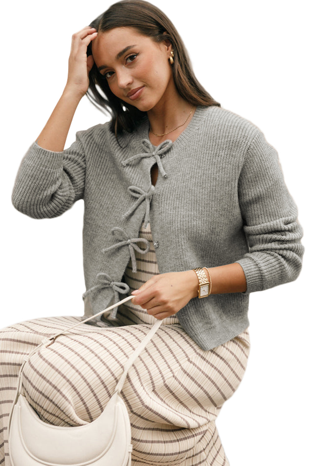 Philippine Gray Ribbed Knit Bow Front Buttoned Cardigan Cardigans JT's Designer Fashion