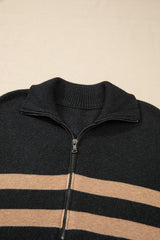 Black Stripe Collared Quarter Zipper Oversized Sweater Sweaters JT's Designer Fashion