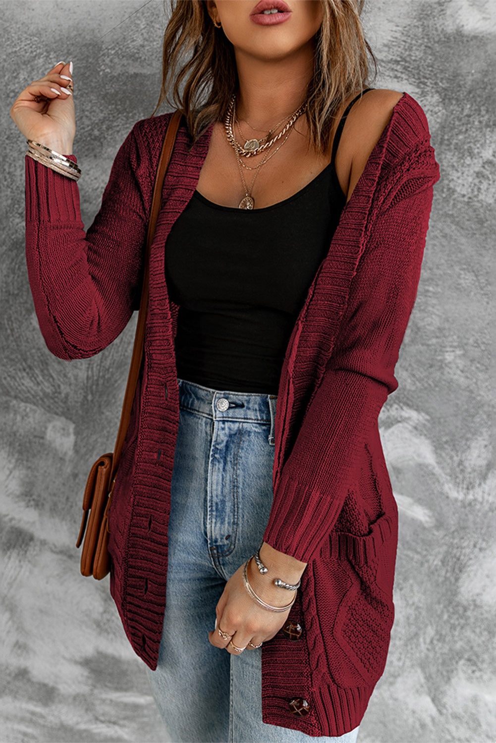 Burgundy Front Pocket and Buttons Closure Cardigan Sweaters & Cardigans JT's Designer Fashion
