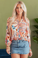 Orange Floral Print Shirred Cuff Buttoned Loose Shirt Blouses & Shirts JT's Designer Fashion