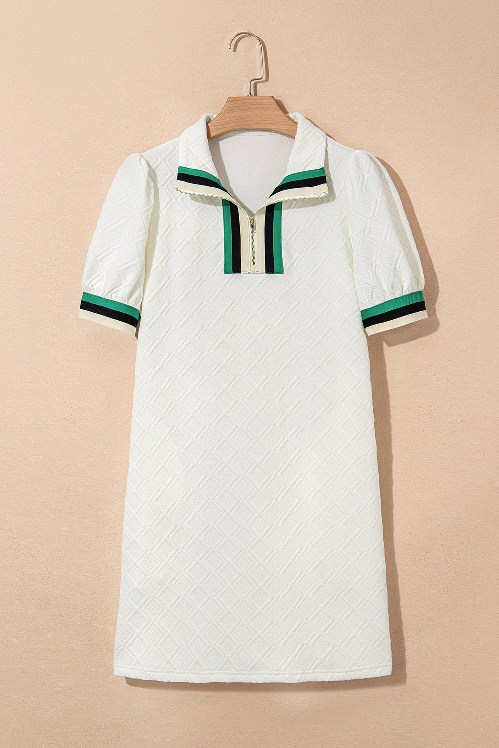 White Textured Jacquard Colorblock Edge Puff Sleeve Quarter Zip Mini Dress Dresses JT's Designer Fashion